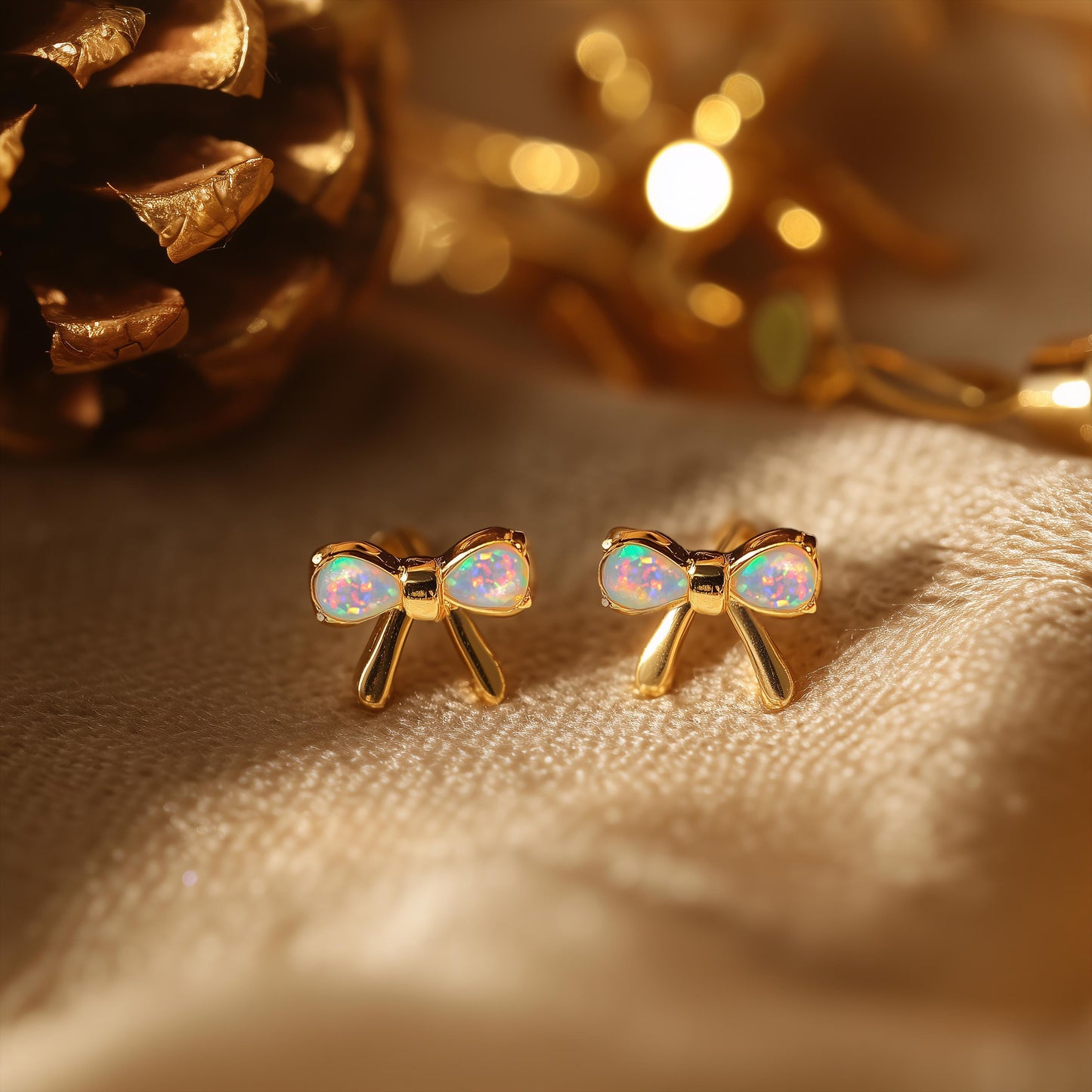 Ribbon Bow Opal Stud Earrings