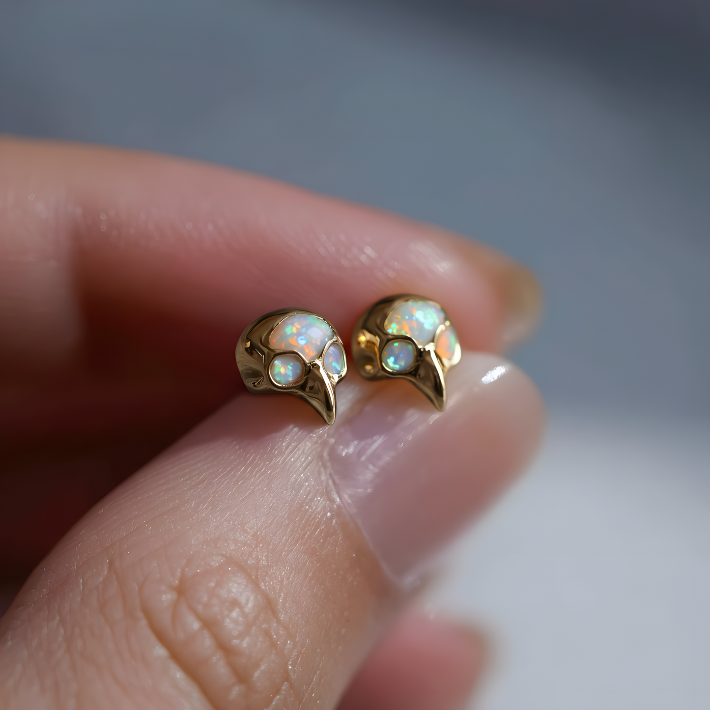 Bird Skull Opal Stud Earrings
