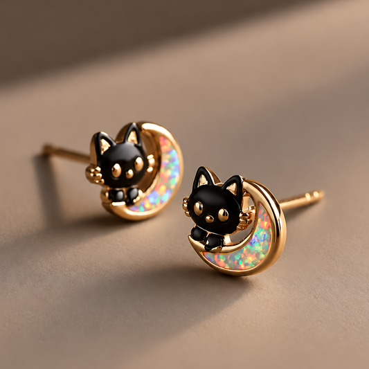 Moon Cat Opal Stud Earrings