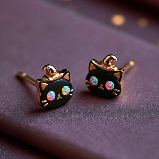 Witch Cat Opal Stud Earrings
