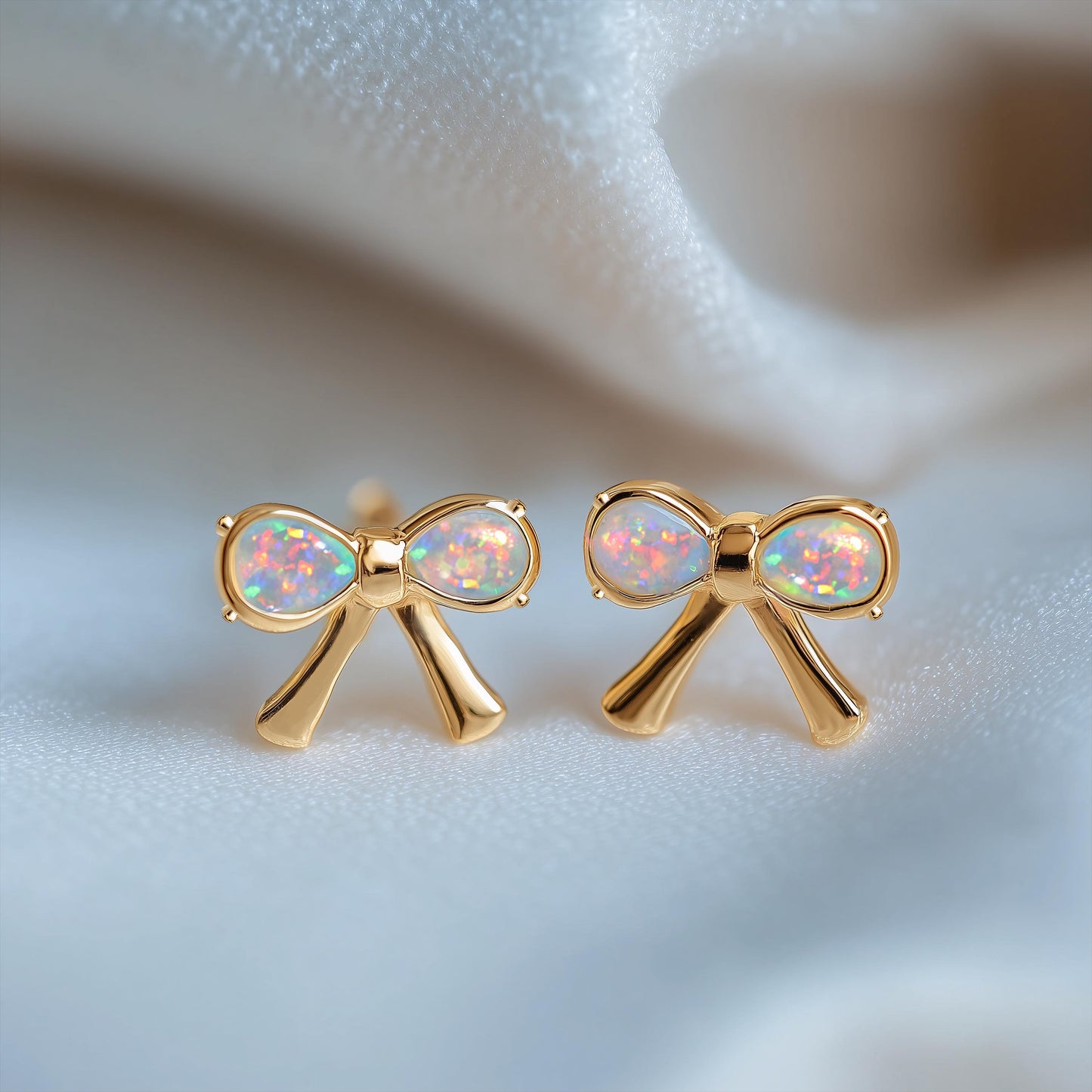 Ribbon Bow Opal Stud Earrings
