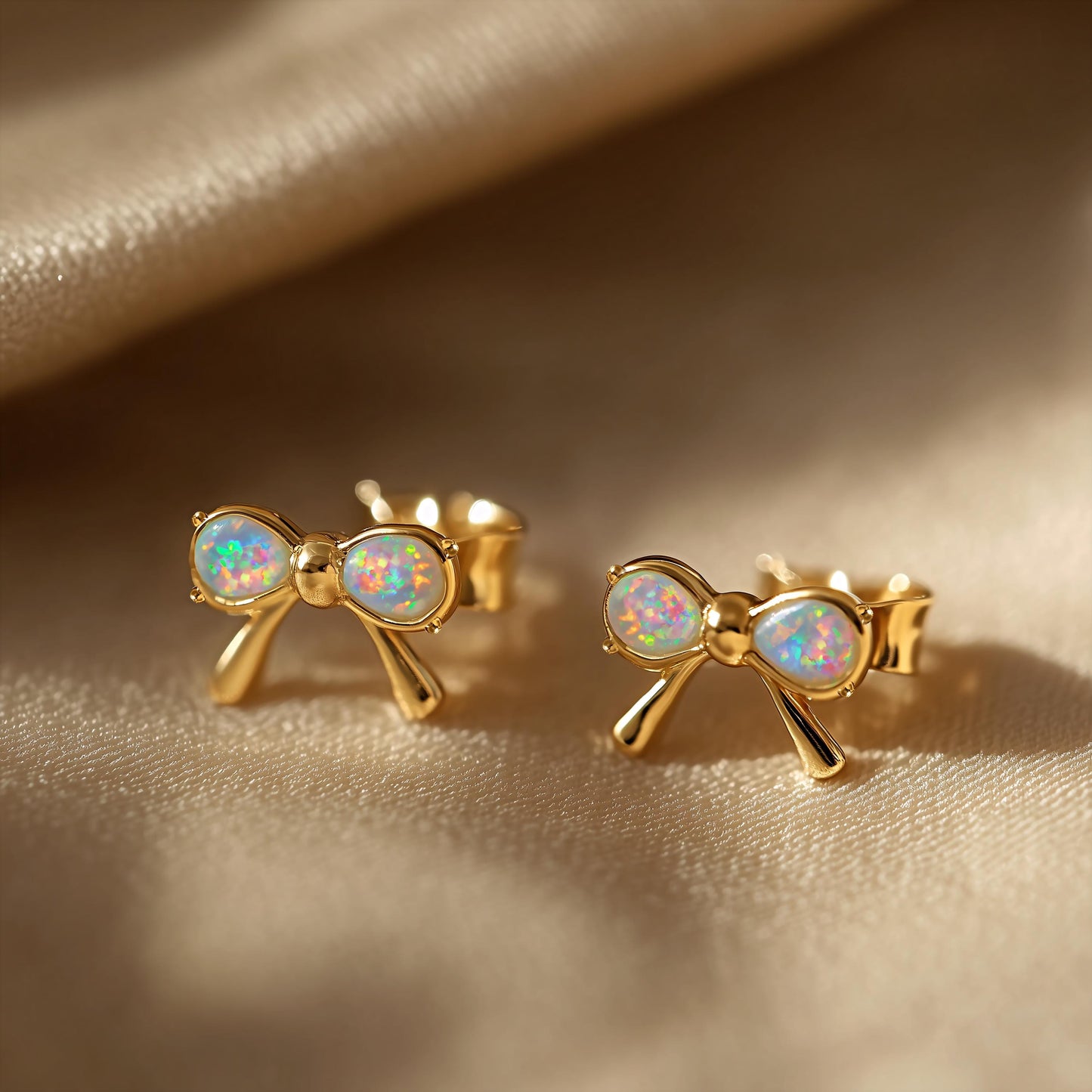 Ribbon Bow Opal Stud Earrings