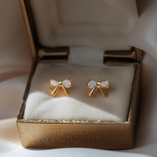Ribbon Bow Opal Stud Earrings