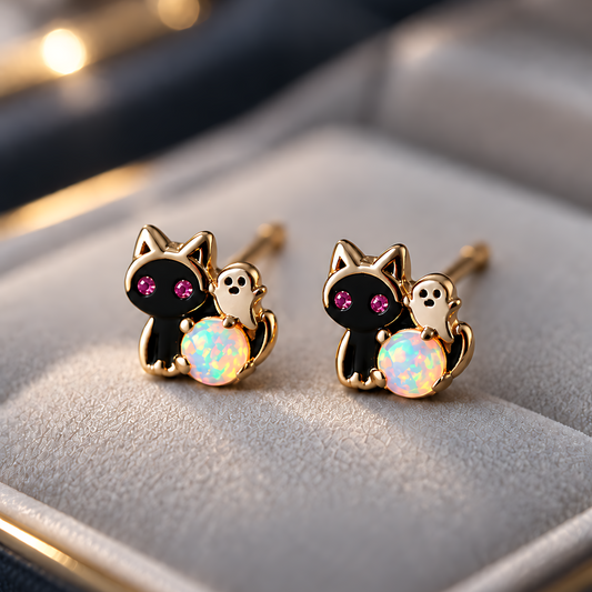 Ghost Cat Opal Stud Earrings
