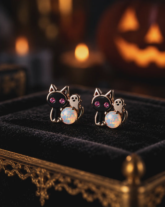 Ghost Cat Opal Stud Earrings