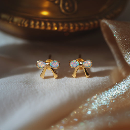 Ribbon Bow Opal Stud Earrings