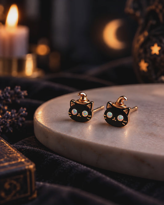 Witch Cat Opal Stud Earrings